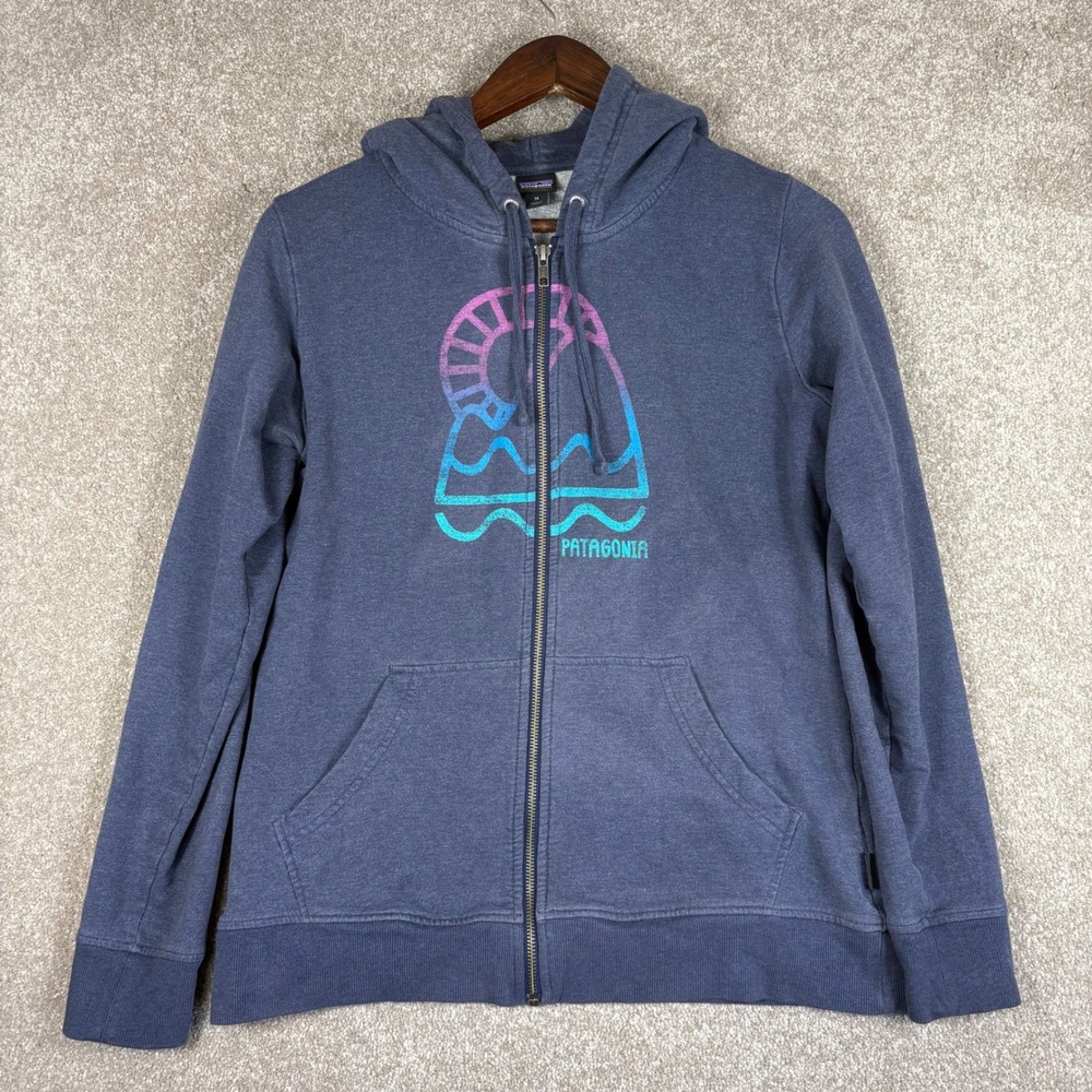 Patagonia Womens Organic Cotton Full Zip Hoodie Navy Blue Mountain Graphic M